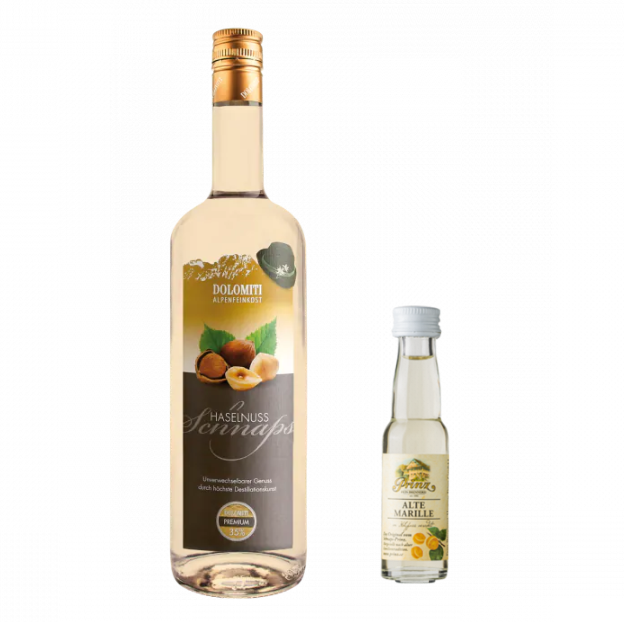 Dolomiti Haselnuss Schnaps 35% vol. 1 Liter + Prinz Probe 0,02l