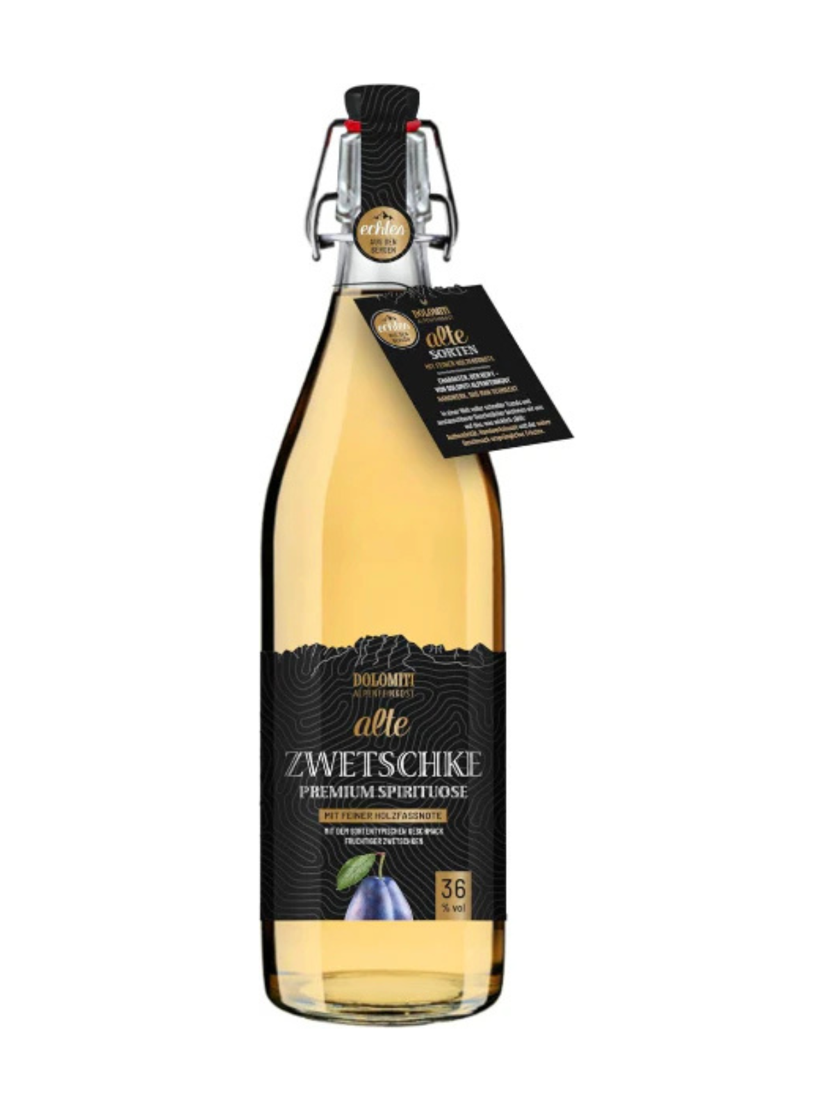 DOLOMITI Alte Zwetschke 36 % vol. – Premium Zwetschken-Schnaps aus dem Barrique-Fass – 1,0 l in Bügelflasche – Fruchtige Edelspirituose – Original aus Österreich