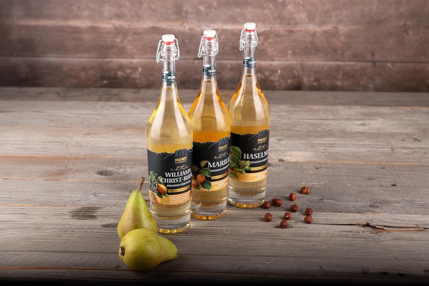 DOLOMITI Alte Haselnuss 36 % vol. – Premium Haselnuss-Spirituose aus dem Barrique-Fass – 1,0 l Bügelflasche – Milder Nuss-Schnaps mit feinem Röstaroma – Original aus Österreich