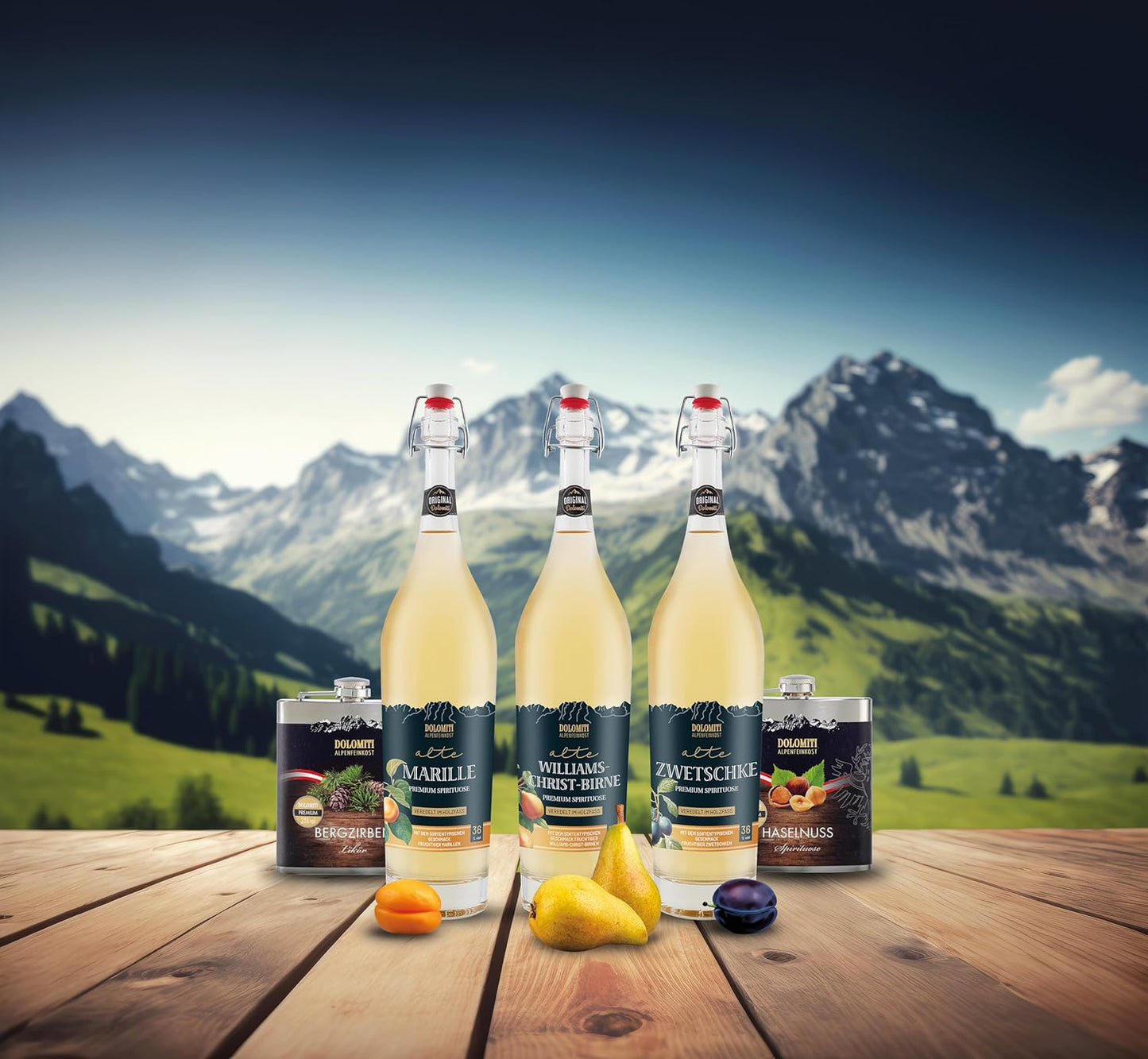 DOLOMITI Alte Marille 36 % vol. – Premium Marillen-Schnaps aus dem Barrique-Fass – 1 l in Bügelflasche – Fruchtige Spirituose – Original aus Österreich – Milder Obstbrand