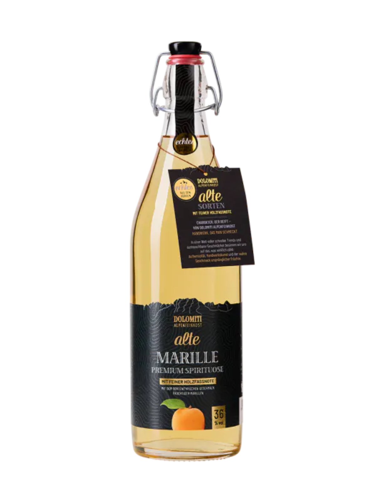 DOLOMITI Alte Marille 36 % vol. – Premium Marillen-Schnaps aus dem Barrique-Fass – 1 l in Bügelflasche – Fruchtige Spirituose – Original aus Österreich – Milder Obstbrand