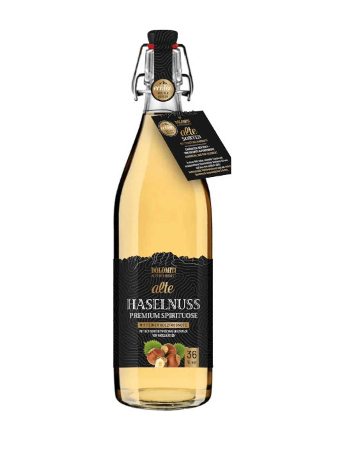 DOLOMITI Alte Haselnuss 36 % vol. – Premium Haselnuss-Spirituose aus dem Barrique-Fass – 1,0 l Bügelflasche – Milder Nuss-Schnaps mit feinem Röstaroma – Original aus Österreich