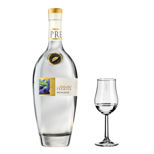 Scheibel Premium Wild-Schlehen Geist, 0,7L Flasche + Aroma-Glas