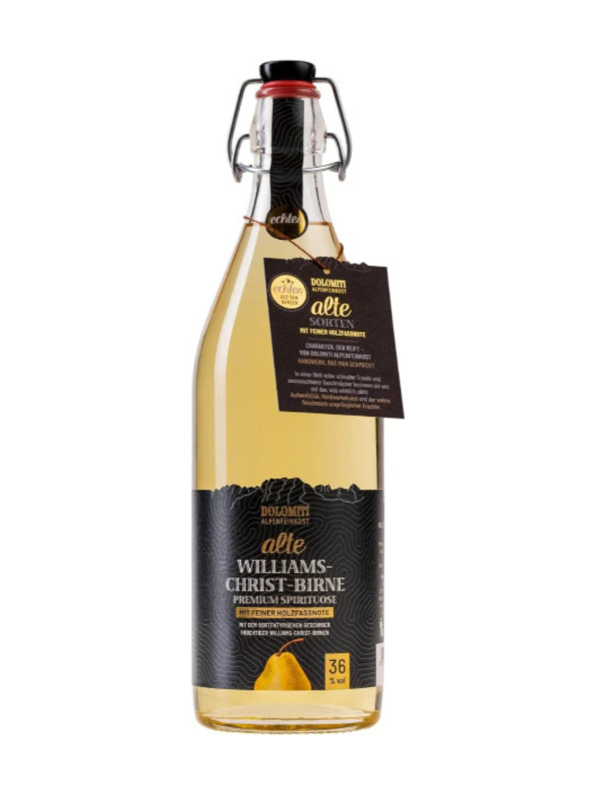 DOLOMITI Alte Williams-Christ-Birne 36 % vol. – Premium Williams-Schnaps aus dem Barrique-Fass – 1  l in Bügelflasche – Fruchtige Spirituose – Original aus Österreich