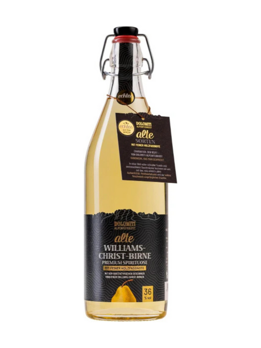 DOLOMITI Alte Williams-Christ-Birne 36 % vol. – Premium Williams-Schnaps aus dem Barrique-Fass – 1  l in Bügelflasche – Fruchtige Spirituose – Original aus Österreich